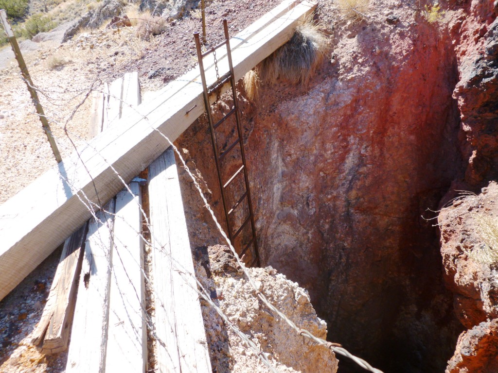 A view of the steel ladder descending down the shaft.